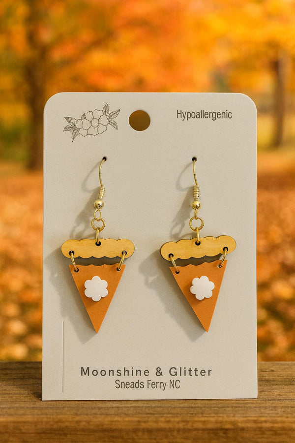 Pumpkin Pie Slice Earrings – Fall Dangle Earrings | Handmade Wood Earrings | Hypoallergenic | Thanksgiving Jewelry by Moonshine & Glitter