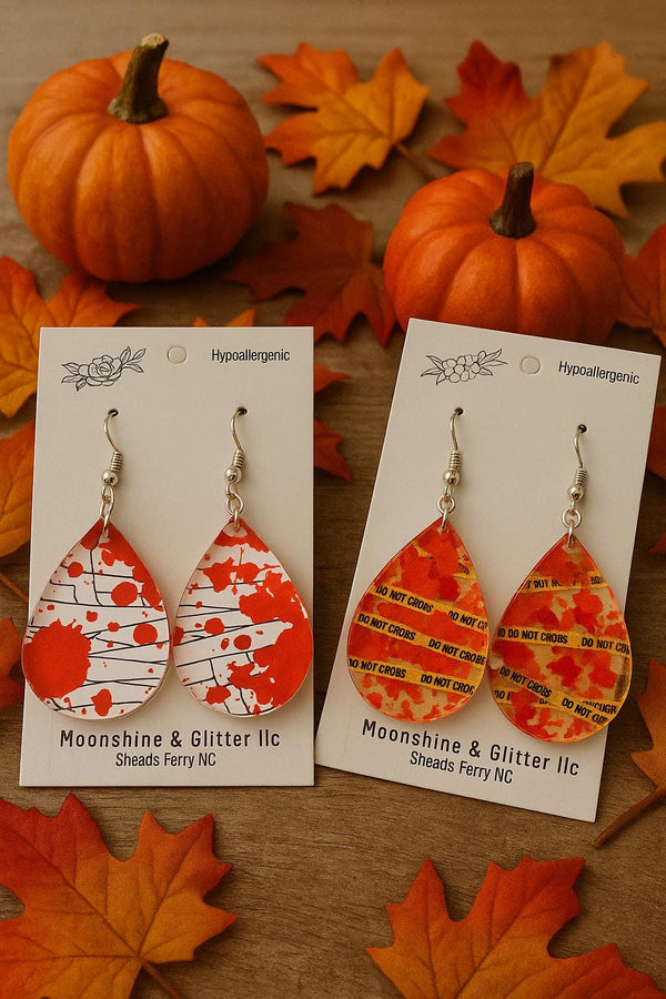 Halloween Blood Splatter & Crime Scene Tape Earrings – Teardrop Dangle – Spooky Fall Jewelry – Hypoallergenic