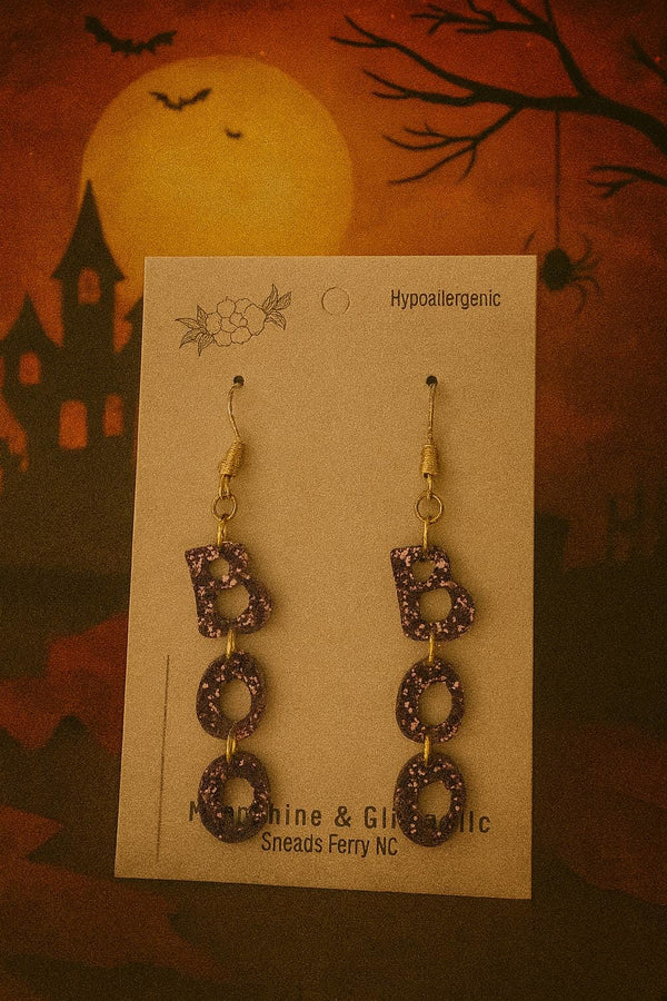 Purple Glitter "BOO" Halloween Earrings – Fun Spooky Dangle Earrings – Hypoallergenic – Lightweight Acrylic