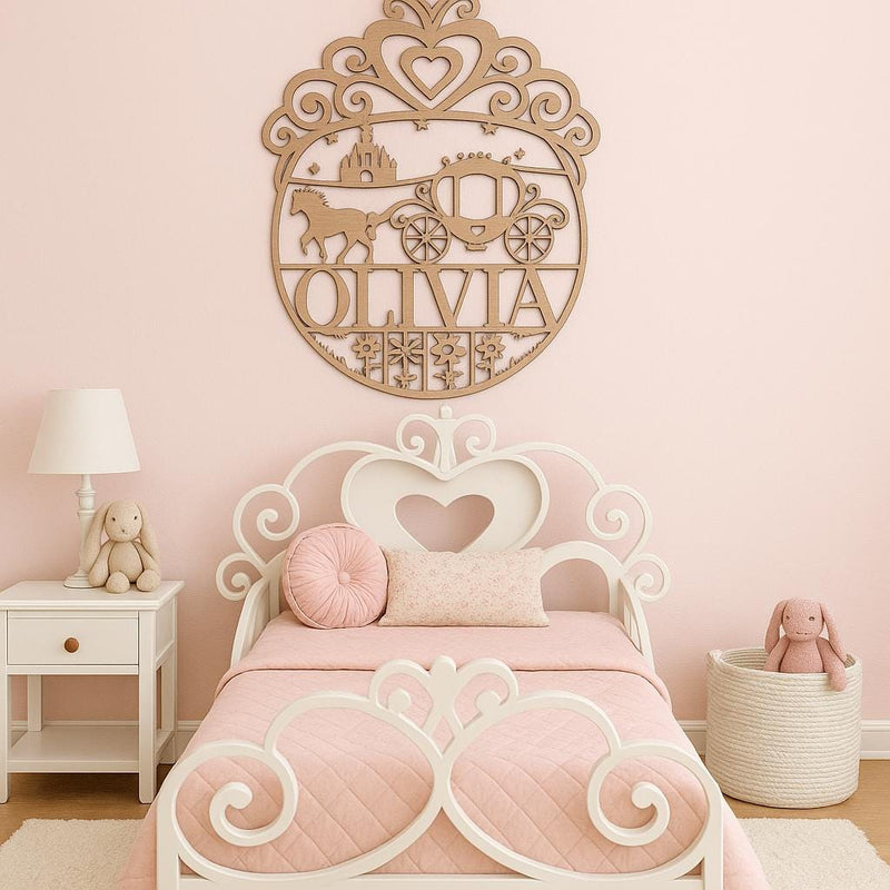 Personalized Wooden Princess Carriage Name Cutout – Custom Fairytale Wall Decor | Multiple Sizes Available