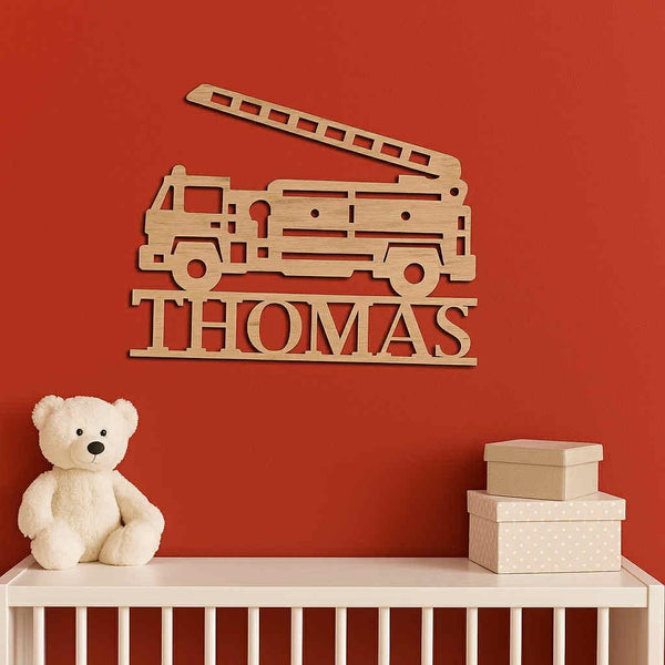 Personalized Wooden Firetruck Name Cutout – Custom Nursery Wall Decor | Multiple Sizes Available