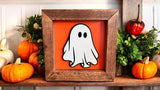 6x6 Halloween Wood Sign – 3D Layered Fall signs ” – Red Mahogany Stained Frame – Freestanding Shelf Decor Ghost Boo Pumpkin Jack o Lantern