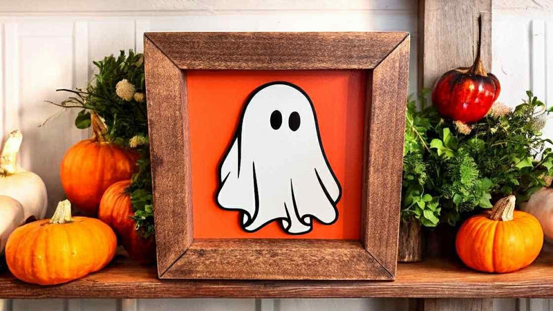 6x6 Halloween Wood Sign – 3D Layered Fall signs ” – Red Mahogany Stained Frame – Freestanding Shelf Decor Ghost Boo Pumpkin Jack o Lantern