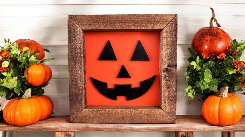 6x6 Halloween Wood Sign – 3D Layered Fall signs ” – Red Mahogany Stained Frame – Freestanding Shelf Decor Ghost Boo Pumpkin Jack o Lantern