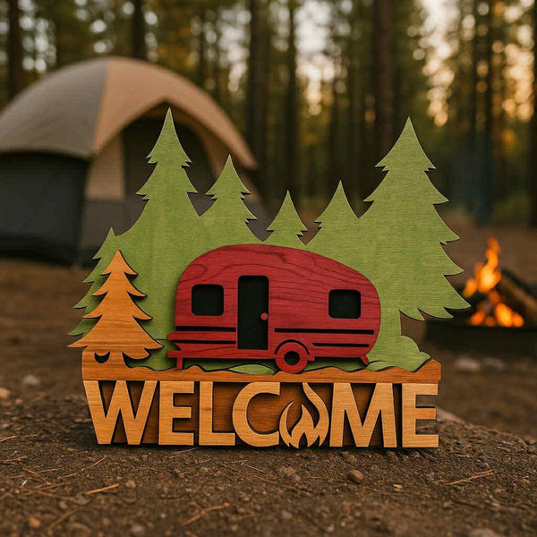 Rustic Camper Welcome Sign | Layered Wood Camping Decor | Handcrafted RV Welcome Sign | Forest & Campfire Wall Art | Cabin Porch Sign