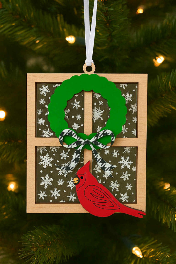 Cardinal at the Window Christmas Ornament | Wooden Holiday Wreath Ornament | Winter Snowflake Window Decor | Farmhouse Tree Decoration