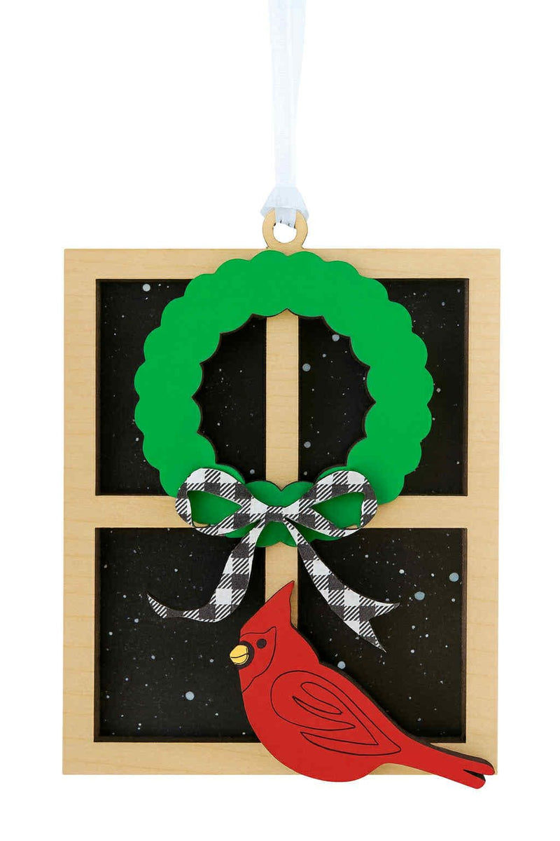 Cardinal at the Window Christmas Ornament | Wooden Holiday Wreath Ornament | Winter Snowflake Window Decor | Farmhouse Tree Decoration