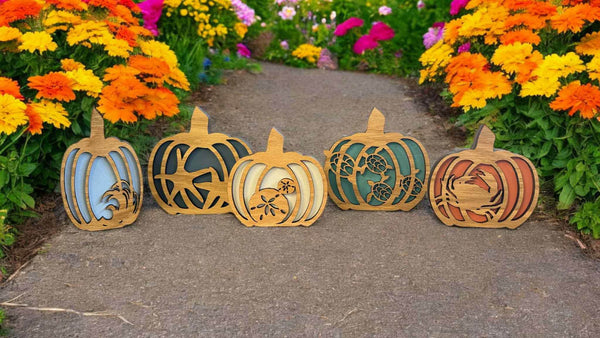 Coastal Fall Pumpkin Decor | Layered Wood Pumpkins with Sea Turtles, Waves, Starfish & Sand Dollars | Beach Autumn Shelf Sitters