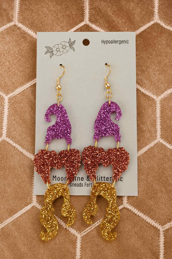 Sanderson  Halloween Witch Sister Dangle Earrings - 1.75" - Hypoallergenic, Glitter Acrylic - Halloween & Fall Jewelry