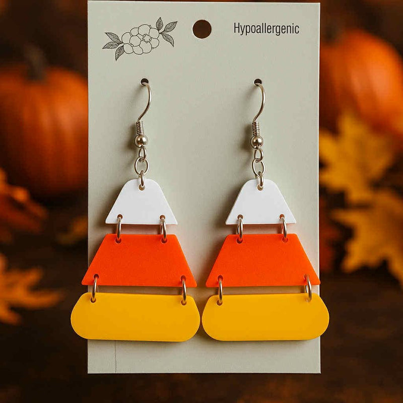Halloween Candy Corn Dangle Earrings - 1.5" - Hypoallergenic, Lightweight, Bright High-Quality Acrylic