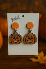 Walnut Wood Engraved Jack-o'-Lantern Earrings Pumpkin- Fall Outfit Accessory - Hypoallergenic, Lightweight, Matte Orange Stud
