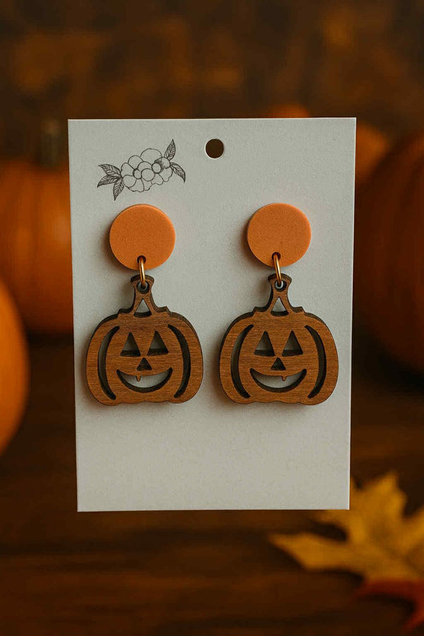 Walnut Wood Engraved Jack-o'-Lantern Earrings Pumpkin- Fall Outfit Accessory - Hypoallergenic, Lightweight, Matte Orange Stud
