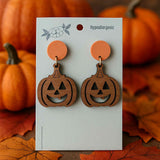 Walnut Wood Engraved Jack-o'-Lantern Earrings Pumpkin- Fall Outfit Accessory - Hypoallergenic, Lightweight, Matte Orange Stud
