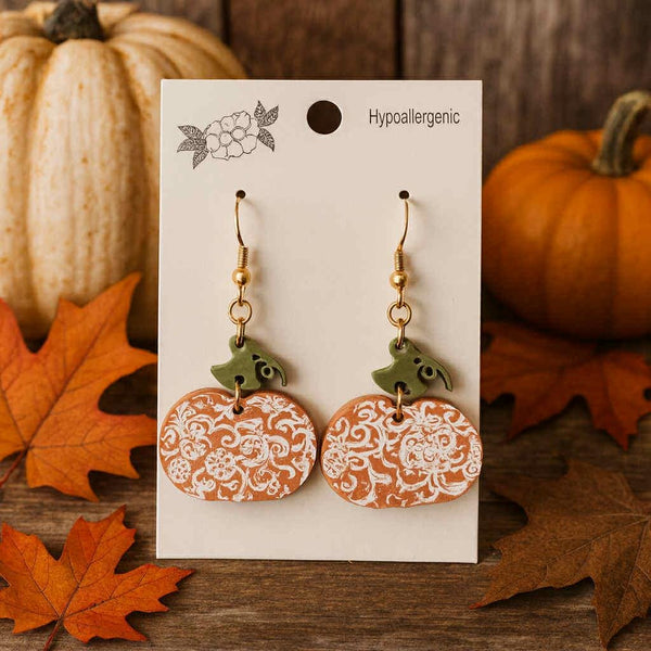 Lightweight Fall Pumpkin Earrings - 1.25" Matte Terracotta Acrylic with Green Stem & Printed Lace Design - Eye-Catching Fashion Statement
