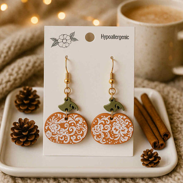 Lightweight Fall Pumpkin Earrings - 1.25" Matte Terracotta Acrylic with Green Stem & Printed Lace Design - Eye-Catching Fashion Statement