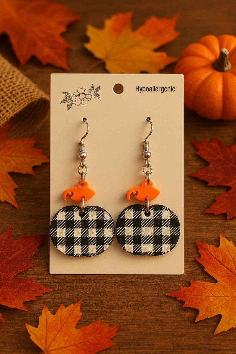 Lightweight Fall Pumpkin Earrings - 1.25" Black and White Plaid Acrylic - Eye-Catching Fashion Statement, Hypoallergenic, Two Piece