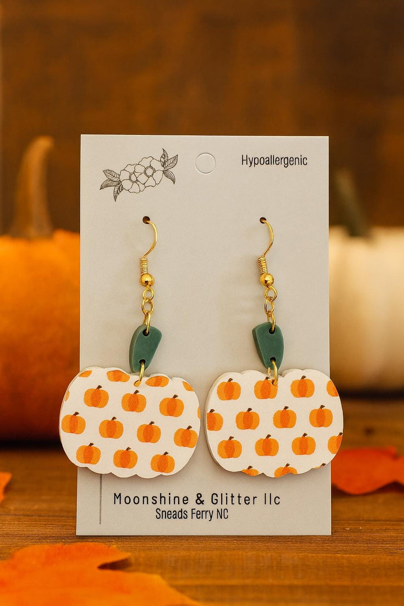 Pumpkin Earrings Lightweight Fall  - 1.25" Printed White Acrylic - Eye-Catching Fashion Statement, Hypoallergenic, Two Piece