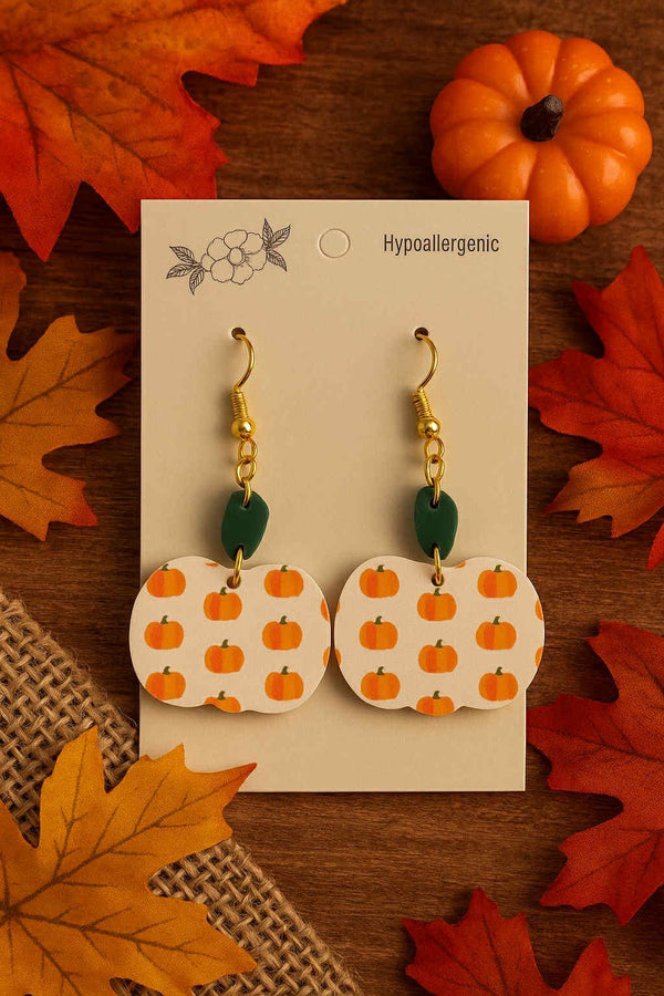 Pumpkin Earrings Lightweight Fall  - 1.25" Printed White Acrylic - Eye-Catching Fashion Statement, Hypoallergenic, Two Piece
