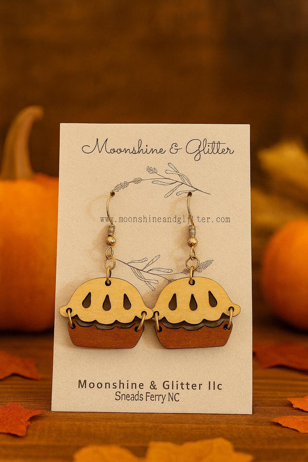 Wooden Pie Slice Earrings – Fall Inspired Dangle Earrings | Handmade by Moonshine & Glitter | Hypoallergenic | Thanksgiving Jewelry