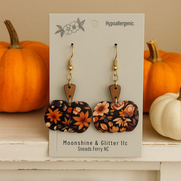 Fall Floral Pumpkin Earrings | Handmade Acrylic & Wood Dangles | Autumn Jewelry | Lightweight  Hypoallergenic