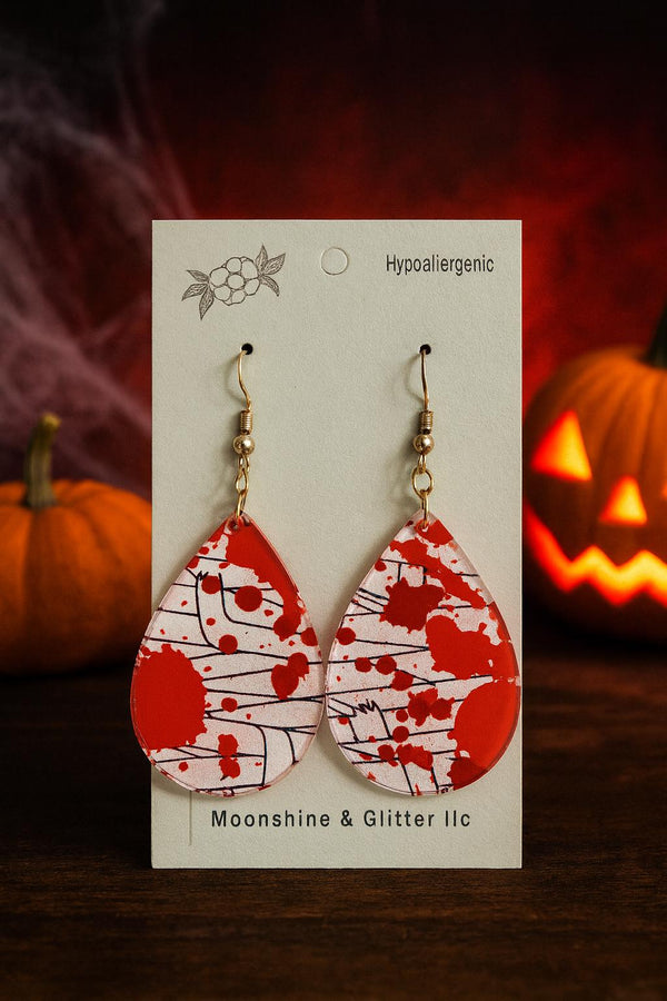 Halloween Blood Splatter & Crime Scene Tape Earrings – Teardrop Dangle – Spooky Fall Jewelry – Hypoallergenic
