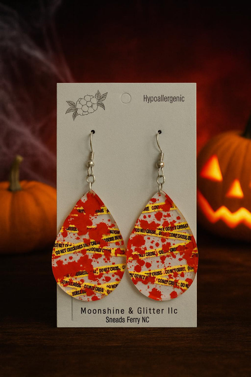 Halloween Blood Splatter & Crime Scene Tape Earrings – Teardrop Dangle – Spooky Fall Jewelry – Hypoallergenic