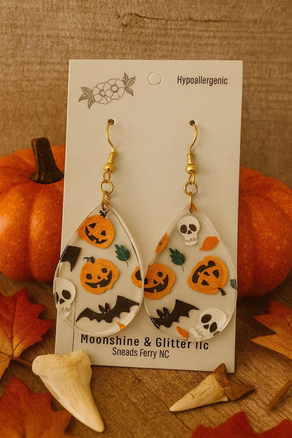 Halloween Skull & Pumpkin Teardrop Earrings – Spooky Dangle Earrings – Lightweight Acrylic