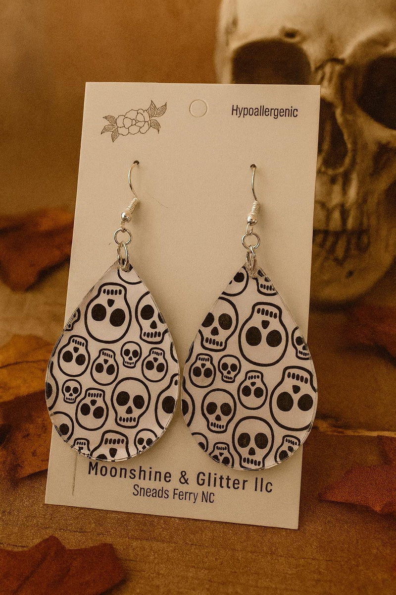 Halloween Skull & Pumpkin Teardrop Earrings – Spooky Dangle Earrings – Lightweight Acrylic