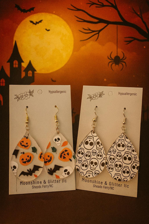 Halloween Skull & Pumpkin Teardrop Earrings – Spooky Dangle Earrings – Lightweight Acrylic