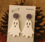 Cute Ghost Halloween Earrings – White Ghost with Purple Glitter Stud – Lightweight Acrylic – Hypoallergenic