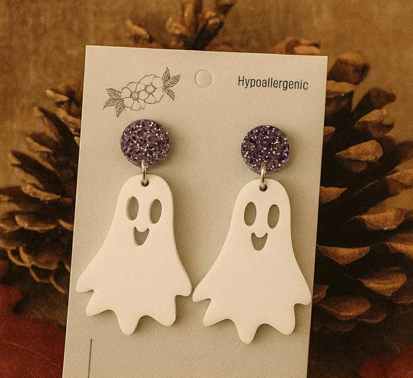 Cute Ghost Halloween Earrings – White Ghost with Purple Glitter Stud – Lightweight Acrylic – Hypoallergenic