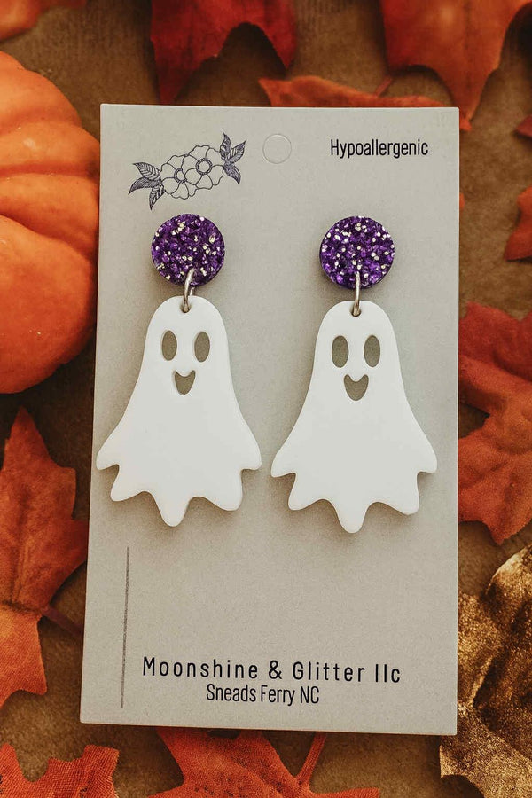 Cute Ghost Halloween Earrings – White Ghost with Purple Glitter Stud – Lightweight Acrylic – Hypoallergenic