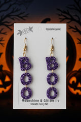 Purple Glitter "BOO" Halloween Earrings – Fun Spooky Dangle Earrings – Hypoallergenic – Lightweight Acrylic