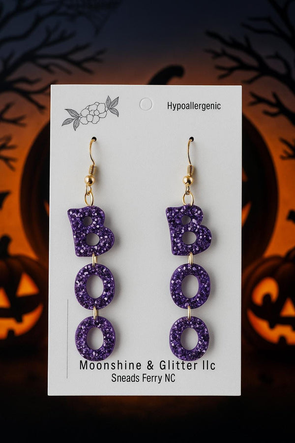Purple Glitter "BOO" Halloween Earrings – Fun Spooky Dangle Earrings – Hypoallergenic – Lightweight Acrylic