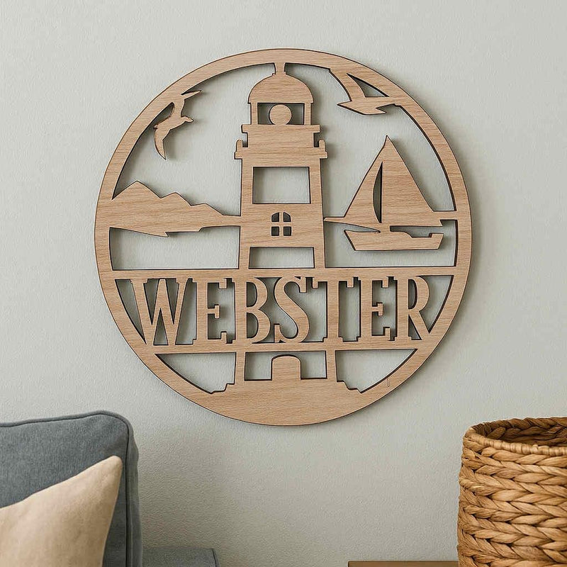 Personalized Wooden Lighthouse Name Cutout – Custom Beach House Wall Decor | Multiple Sizes Available