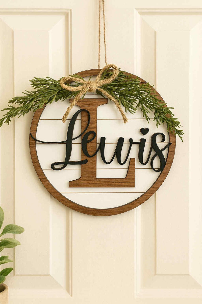 Personalized Monogram Wood Layered Sign – 3D Family Name Round – Rustic Farmhouse Decor – With or Without Greenery & Bow – Multiple Sizes