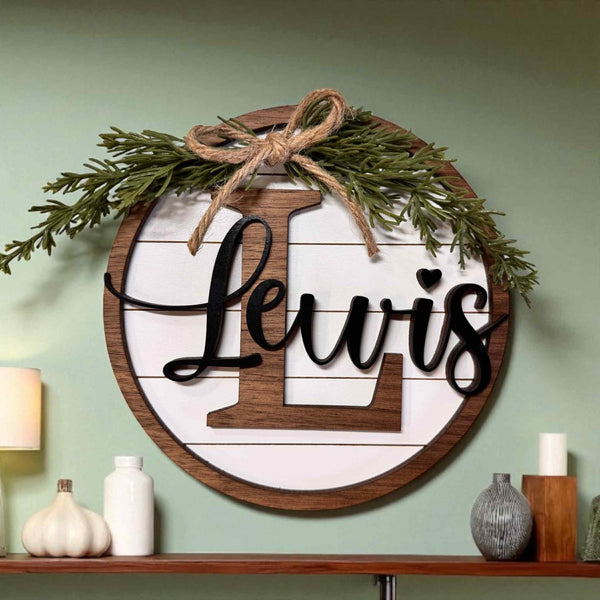 Personalized Monogram Wood Layered Sign – 3D Family Name Round – Rustic Farmhouse Decor – With or Without Greenery & Bow – Multiple Sizes