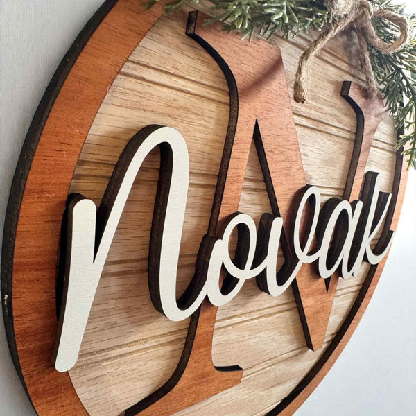 Personalized Monogram Wood Layered Sign – 3D Family Name Round – Rustic Farmhouse Decor – With or Without Greenery & Bow – Multiple Sizes