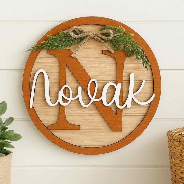 Personalized Monogram Wood Layered Sign – 3D Family Name Round – Rustic Farmhouse Decor – With or Without Greenery & Bow – Multiple Sizes