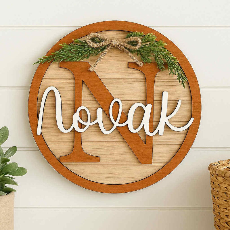 Personalized Monogram Wood Layered Sign – 3D Family Name Round – Rustic Farmhouse Decor – With or Without Greenery & Bow – Multiple Sizes