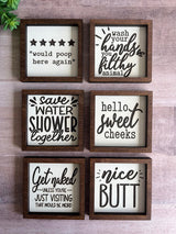 Miniature tiered tray wood signs 3x3 bathroom addition humor funny get naked poop sweet cheeks wash your hands housewarming gift - Moonshineandglitter