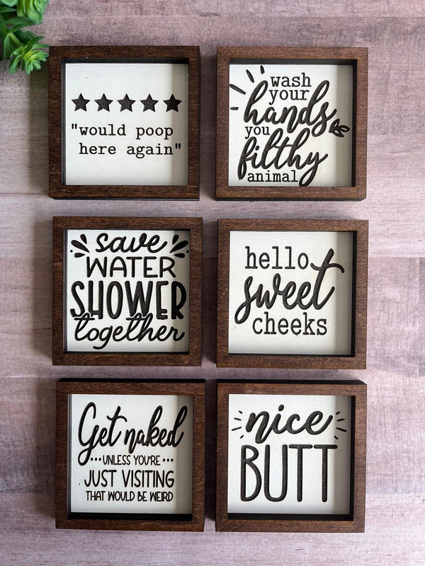Miniature tiered tray wood signs 3x3 bathroom addition humor funny get naked poop sweet cheeks wash your hands housewarming gift - Moonshineandglitter