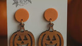Walnut Wood Engraved Jack-o'-Lantern Earrings Pumpkin- Fall Outfit Accessory - Hypoallergenic, Lightweight, Matte Orange Stud
