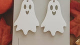Cute Ghost Halloween Earrings – White Ghost with Purple Glitter Stud – Lightweight Acrylic – Hypoallergenic