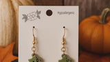 Lightweight Fall Pumpkin Earrings - 1.25" Matte Terracotta Acrylic with Green Stem & Printed Lace Design - Eye-Catching Fashion Statement