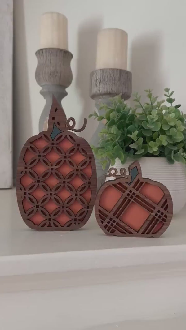 Set of 2 Handcrafted Wood Pumpkins with Intricate Laser-Cut Designs – Fall Decor, Handmade, Walnut Trim, 8" & 4.5" Tall