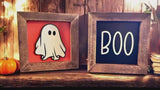 6x6 Halloween Wood Sign – 3D Layered Fall signs ” – Red Mahogany Stained Frame – Freestanding Shelf Decor Ghost Boo Pumpkin Jack o Lantern