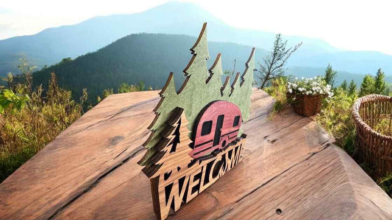 Rustic Camper Welcome Sign | Layered Wood Camping Decor | Handcrafted RV Welcome Sign | Forest & Campfire Wall Art | Cabin Porch Sign - Moonshineandglitter