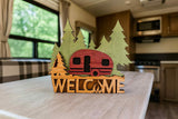 Rustic Camper Welcome Sign | Layered Wood Camping Decor | Handcrafted RV Welcome Sign | Forest & Campfire Wall Art | Cabin Porch Sign - Moonshineandglitter