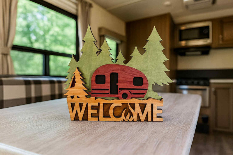 Rustic Camper Welcome Sign | Layered Wood Camping Decor | Handcrafted RV Welcome Sign | Forest & Campfire Wall Art | Cabin Porch Sign - Moonshineandglitter